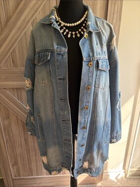 Oversized Distressed Denim Jacket - Light Blue